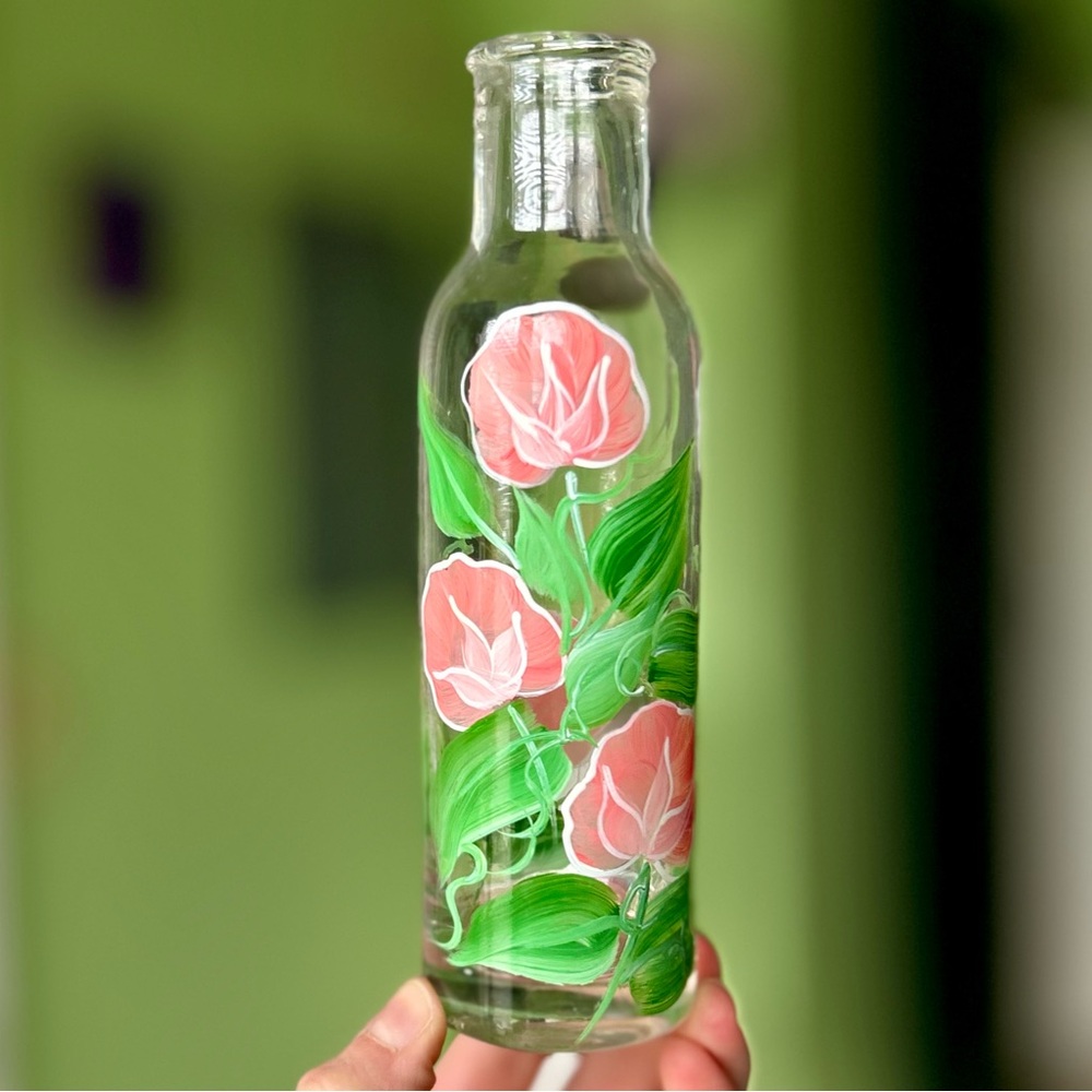 Elegant Hand Painted Pink Florals On Vine Handmade Glassware Glass Cylinder Vase